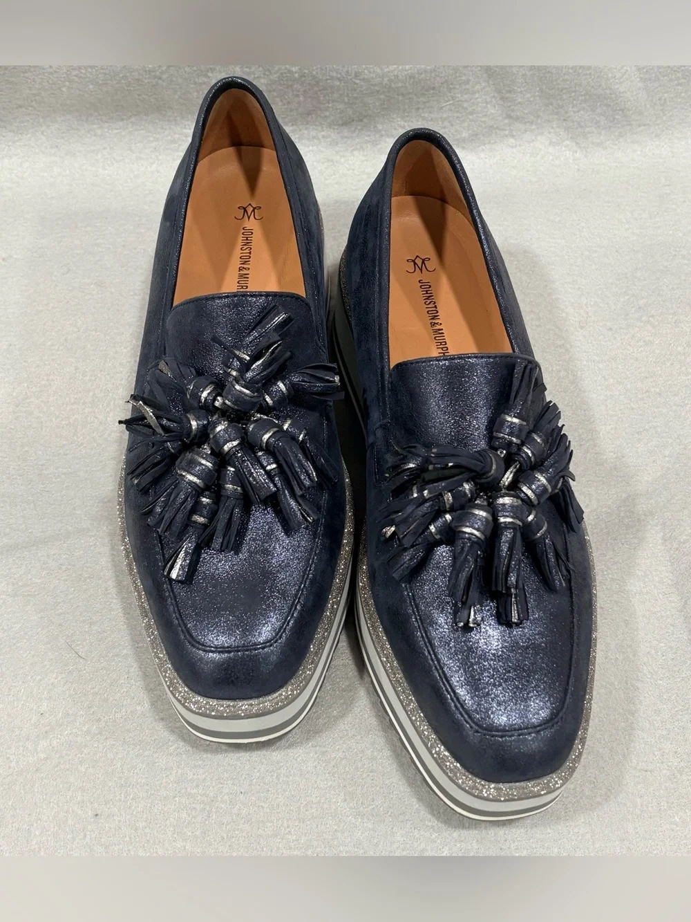 Johnston & Murphy Gracelyn Navy Blue Silver Platform Tassel Loafer Sz 7M